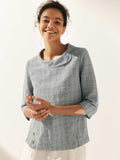 Linen Gingham Checked Round Soft-Fold Collar Top LAURA