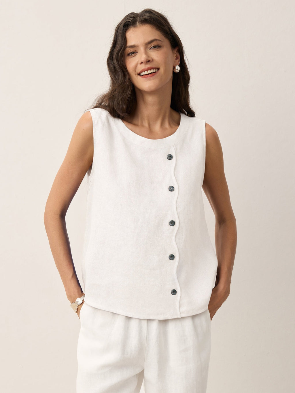100% Linen Shell Button Detail Sleeveless Top GALATEA