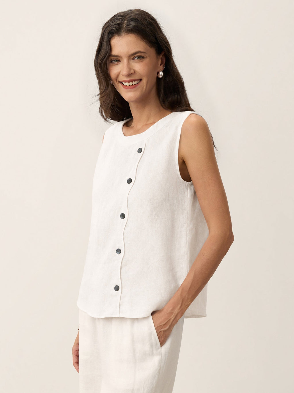 100% Linen Shell Button Detail Sleeveless Top GALATEA