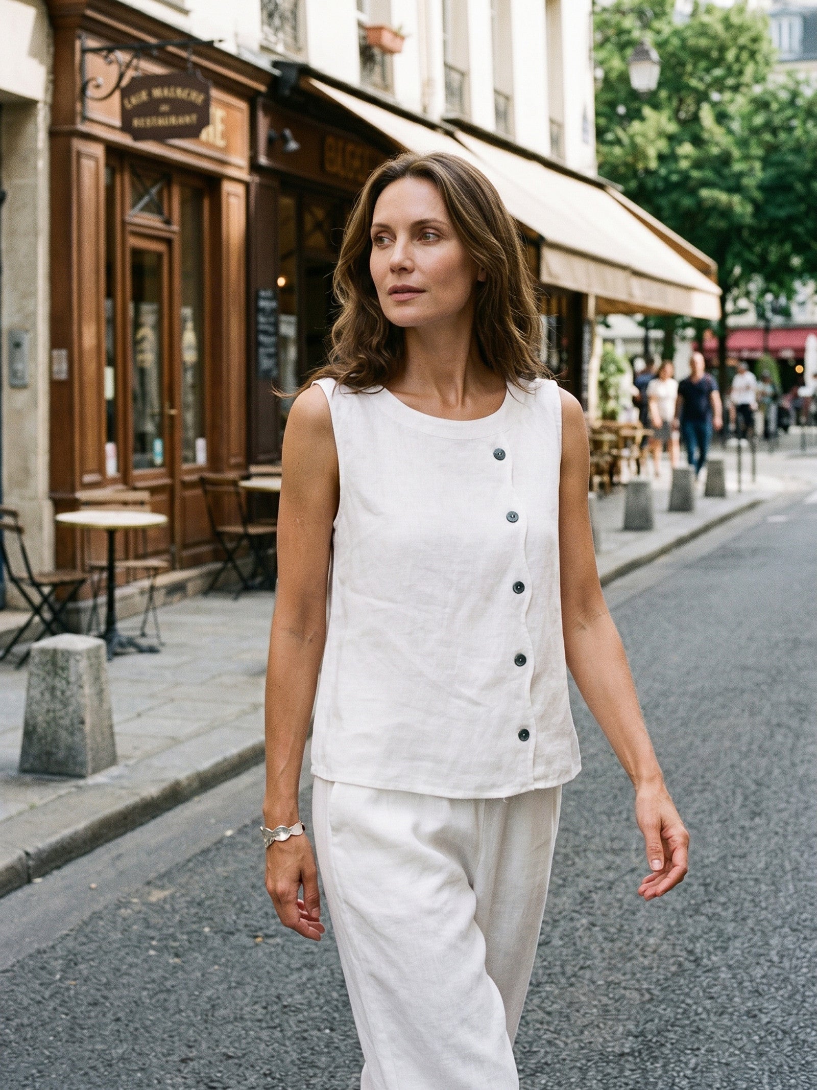 100% Linen Shell Button Detail Sleeveless Top GALATEA