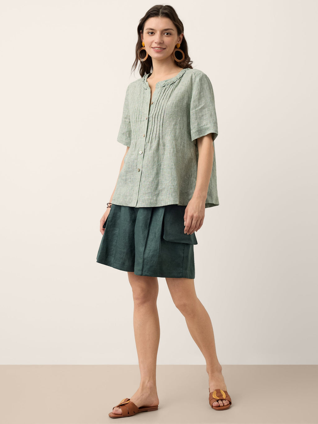 100% Linen Striped Braided Neck Shell Button Top ARDEN