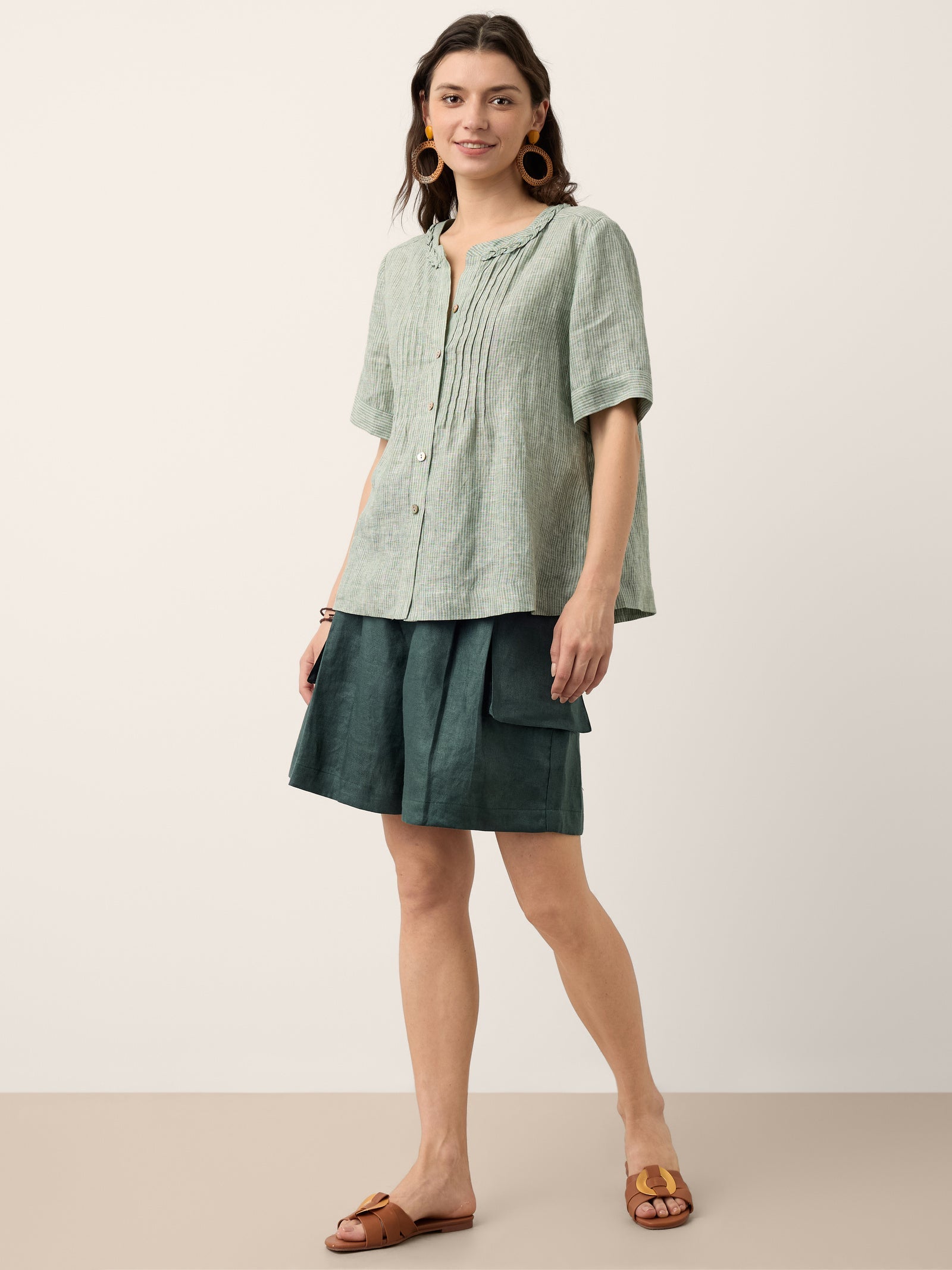 100% Linen Striped Braided Neck Shell Button Top ARDEN