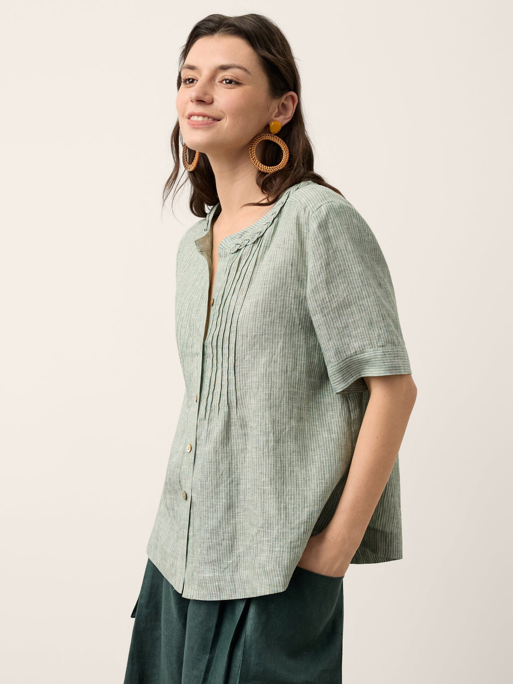 100% Linen Striped Braided Neck Shell Button Top ARDEN