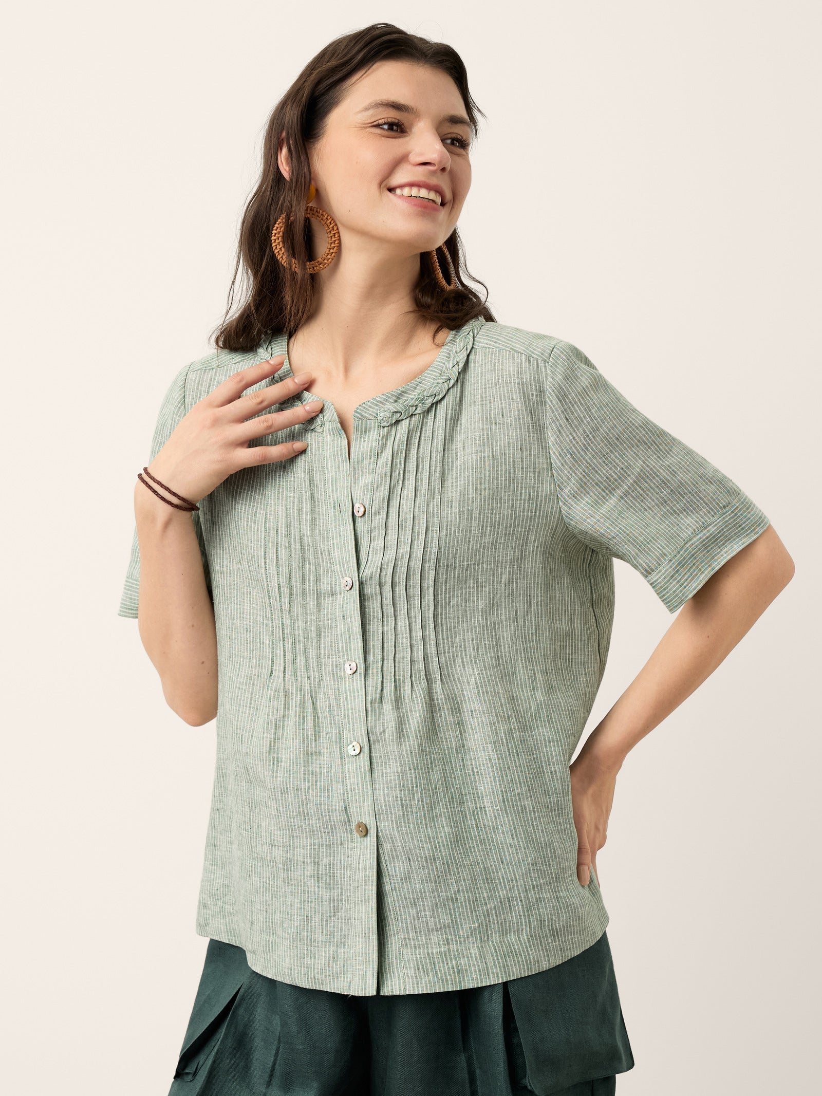 100% Linen Striped Braided Neck Shell Button Top ARDEN