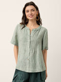 100% Linen Striped Braided Neck Shell Button Top ARDEN