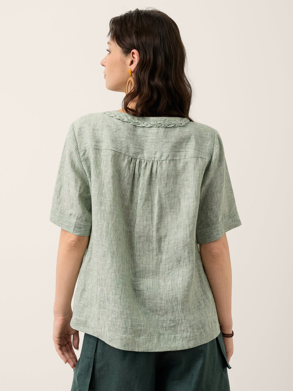 100% Linen Striped Braided Neck Shell Button Top ARDEN