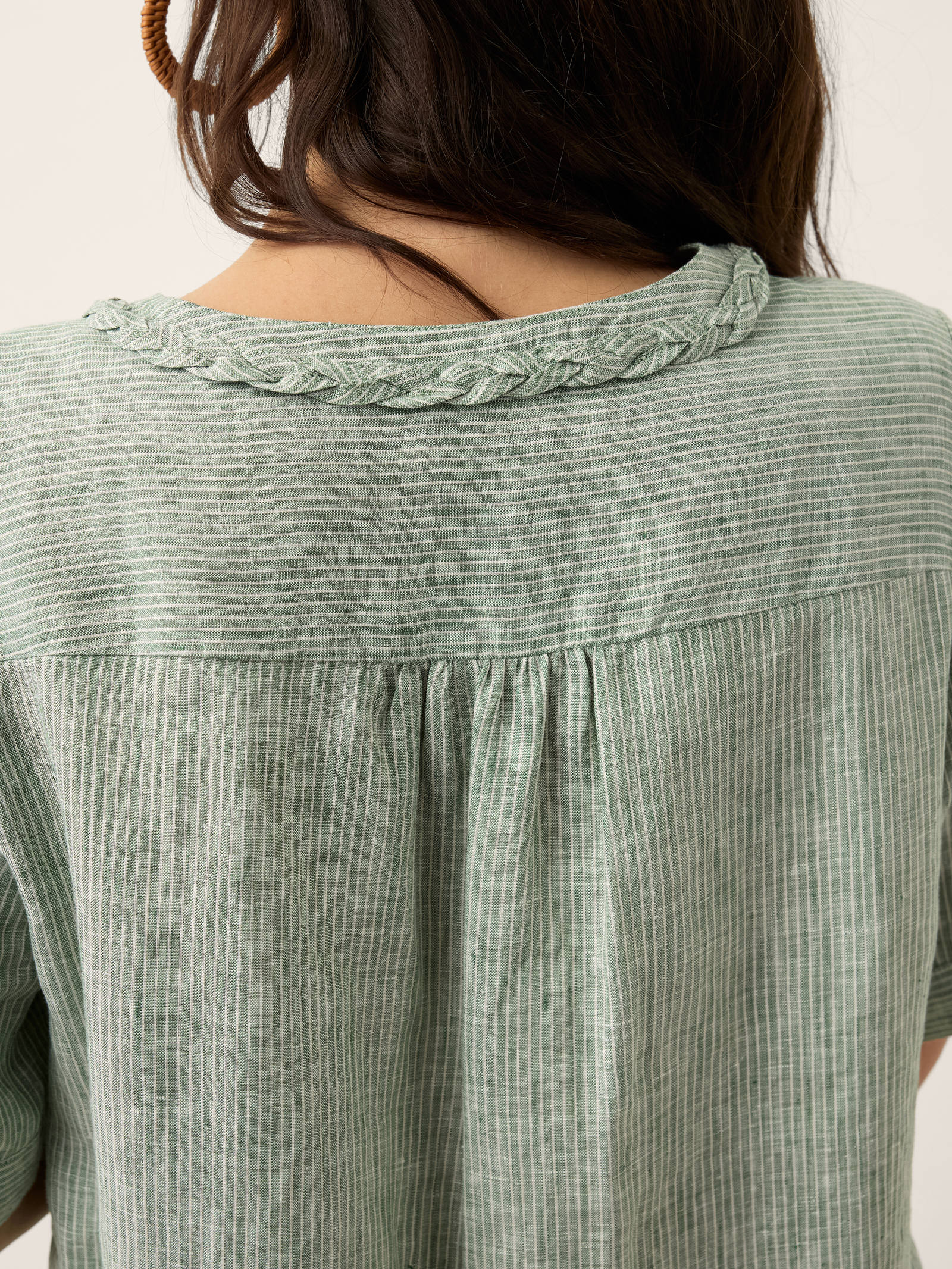 100% Linen Striped Braided Neck Shell Button Top ARDEN