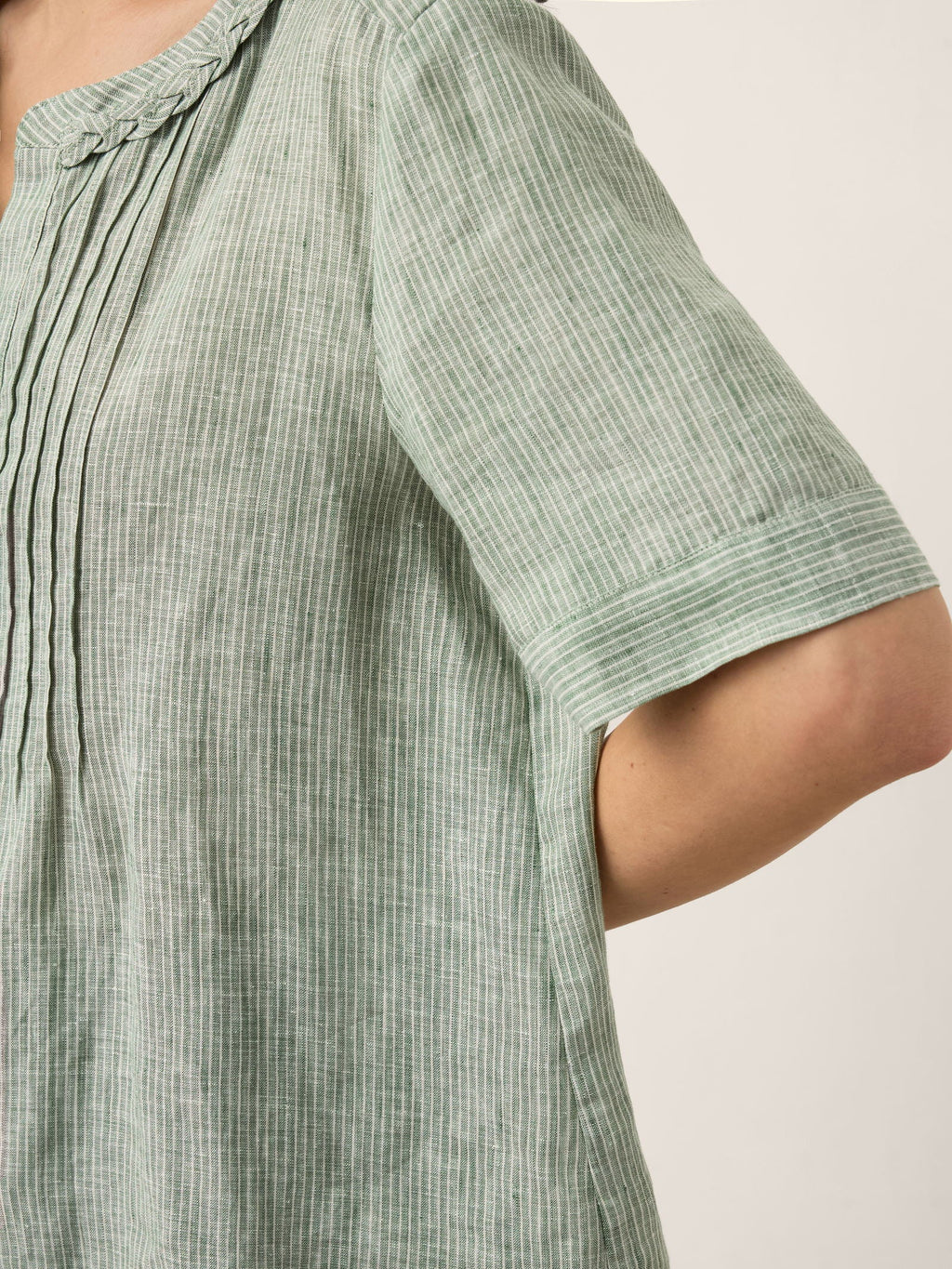 100% Linen Striped Braided Neck Shell Button Top ARDEN