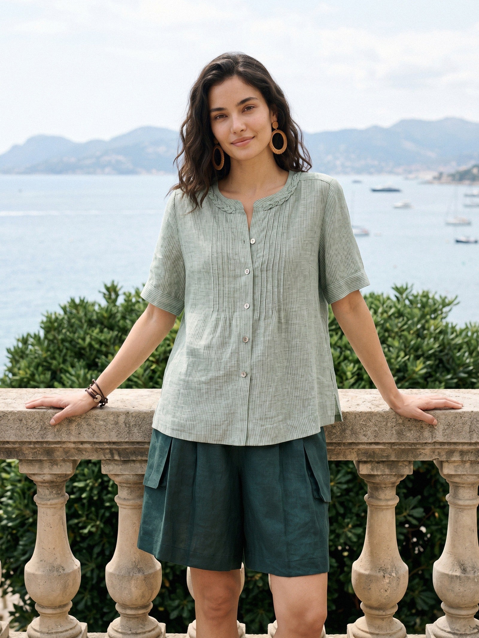 100% Linen Striped Braided Neck Shell Button Top ARDEN