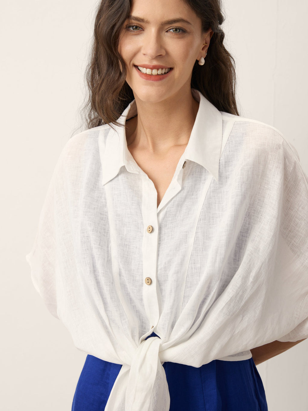 100% Linen Tie Hem Drop Shoulder Shirt XAVIERA