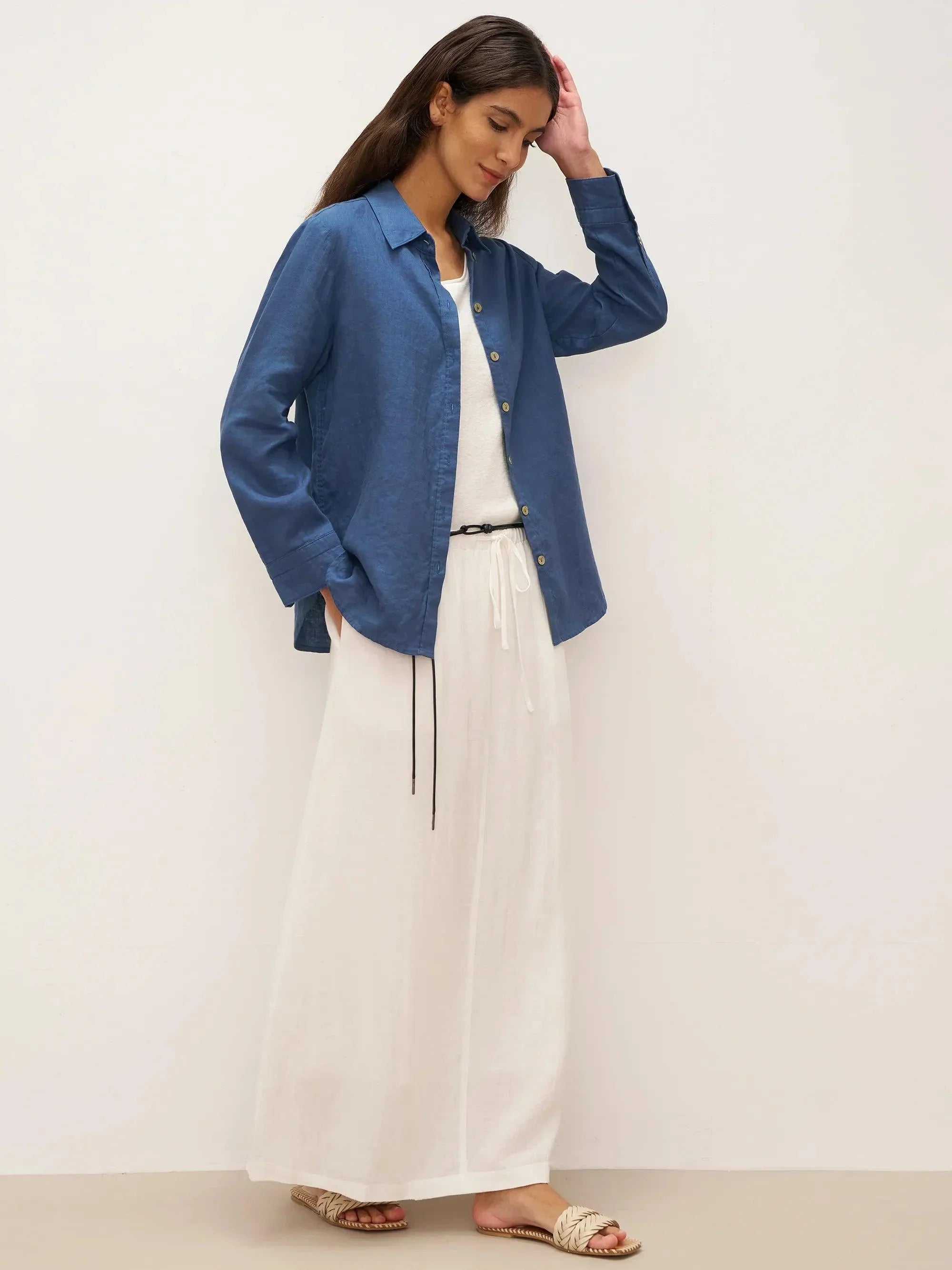 100% Linen Button-Front Shirt with Extended Hem JOVAN