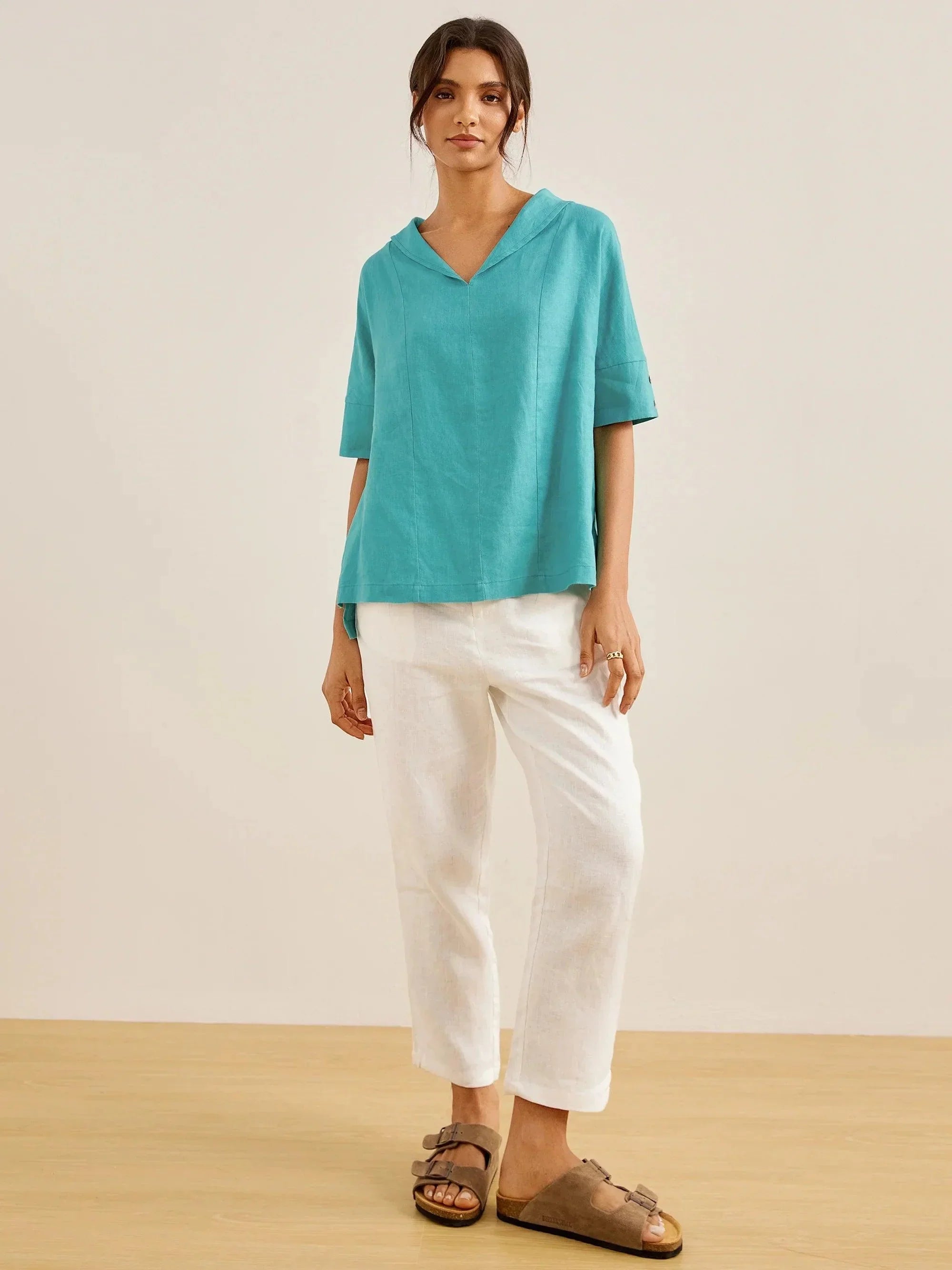 100% Linen V-Neck Short Sleeve Shirt SIERRA
