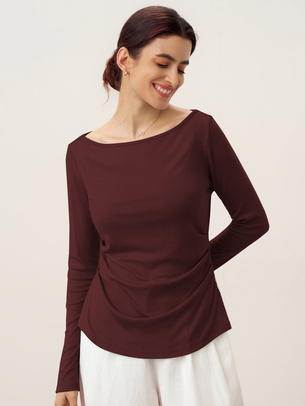 Wool Side Ruched Boat Neck Stretch Top VIVIEN