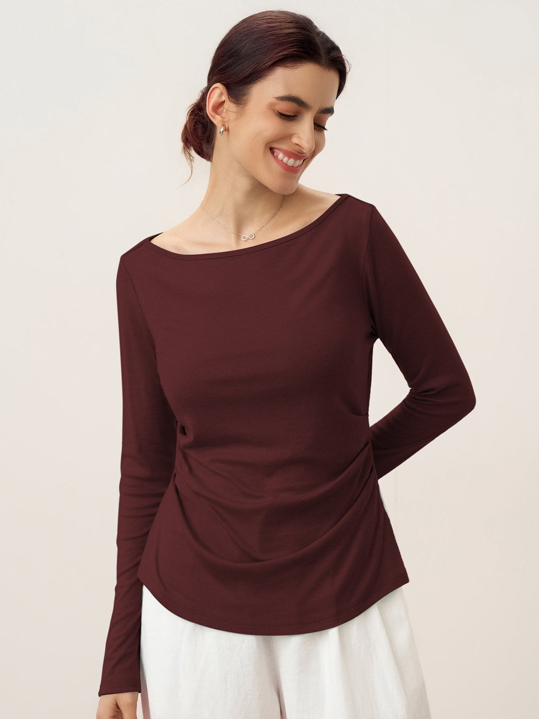 Wool Side Ruched Boat Neck Stretch Top VIVIEN