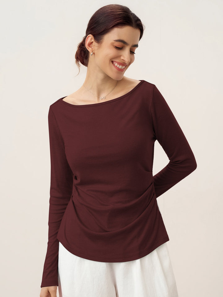Wool Side Ruched Boat Neck Stretch Top VIVIEN