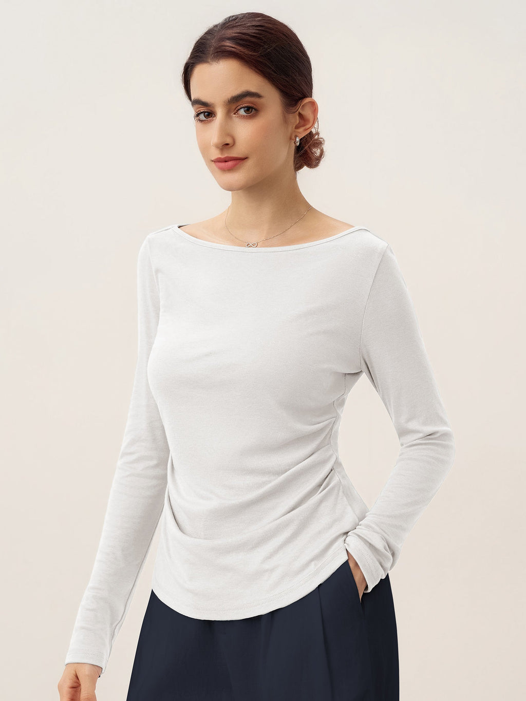 Wool Side Ruched Boat Neck Stretch Top VIVIEN