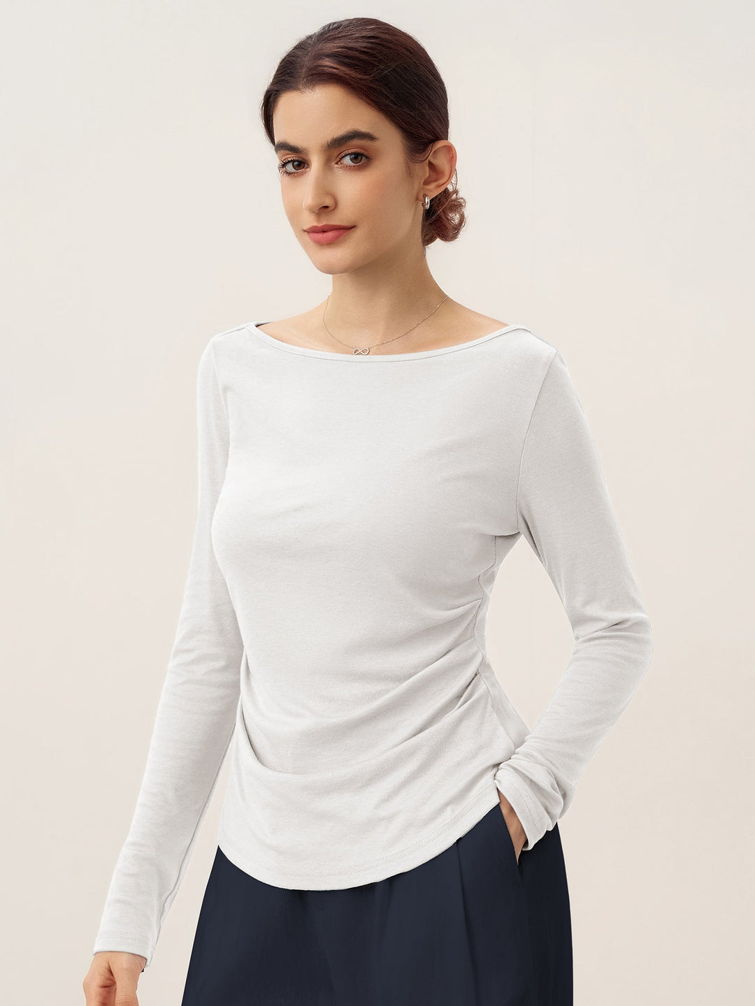 Wool Side Ruched Boat Neck Stretch Top VIVIEN