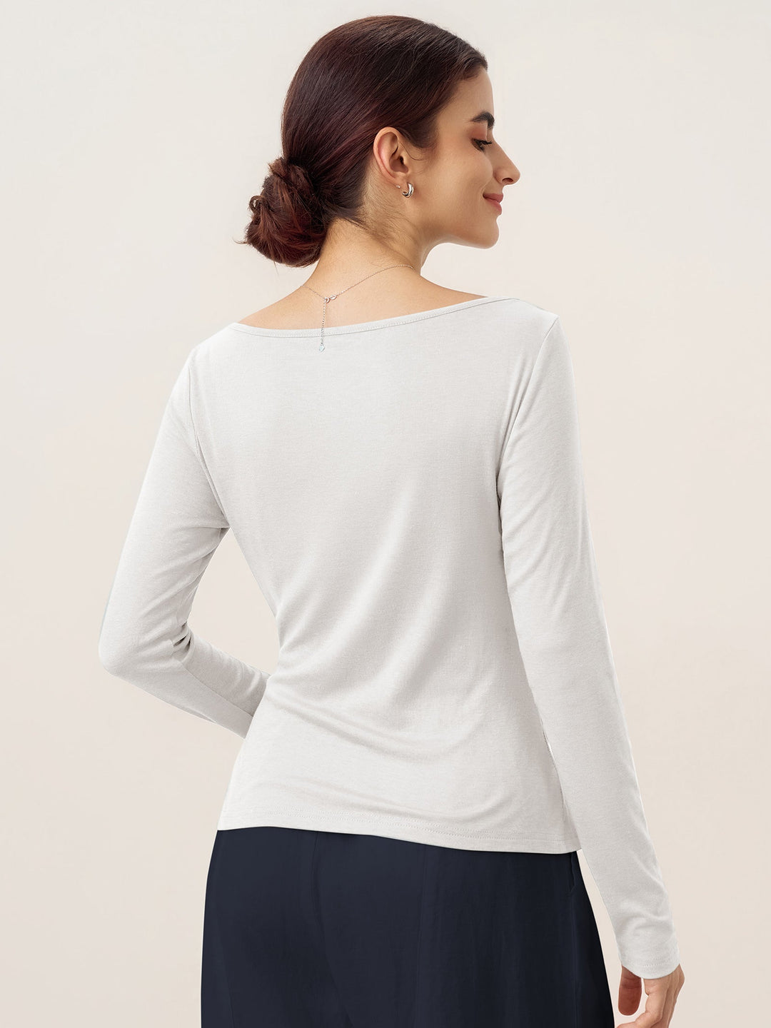Wool Side Ruched Boat Neck Stretch Top VIVIEN
