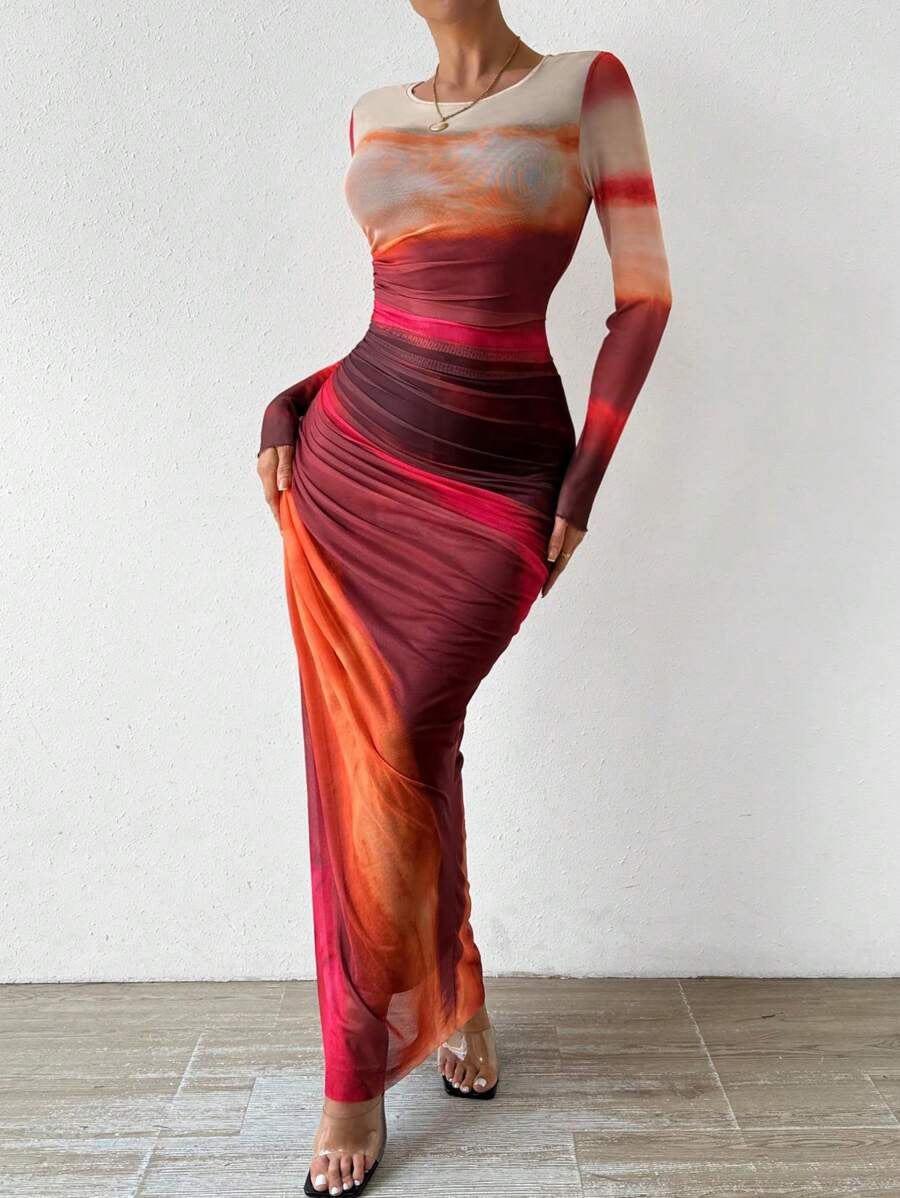 JULIA™ - Comfy Printed Long Sleeve Round Neck Bodycon Maxi Dress