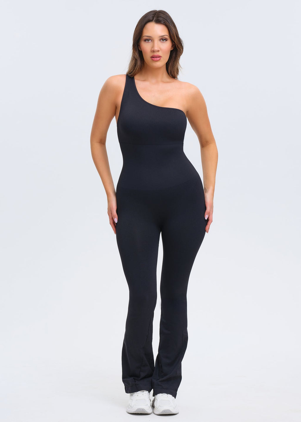 SnatchedKnit One-Shoulder Flare Jumpsuit