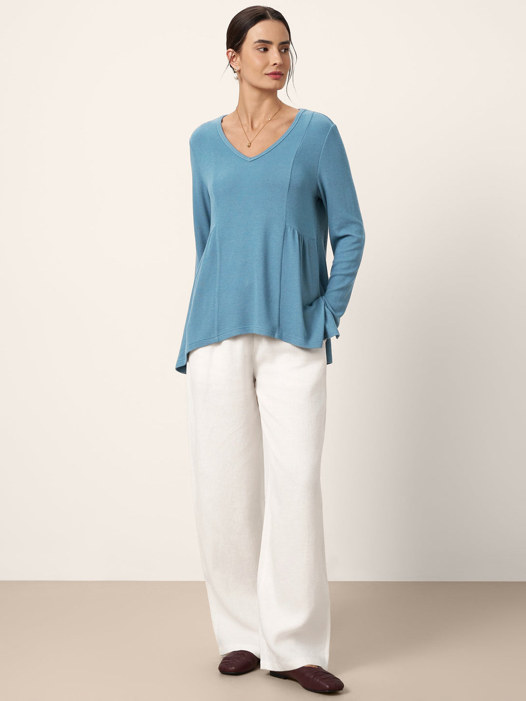 Wool-Blend Sweetheart Pleated Long Sleeve Top AMBER