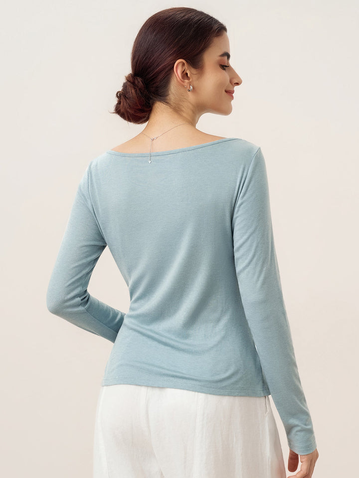 Wool Side Ruched Boat Neck Stretch Top VIVIEN