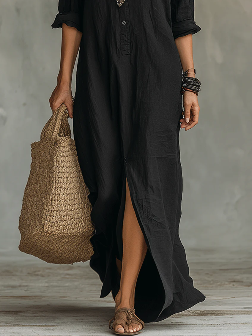 Soline | Black Long Flowy Dress with Buttons