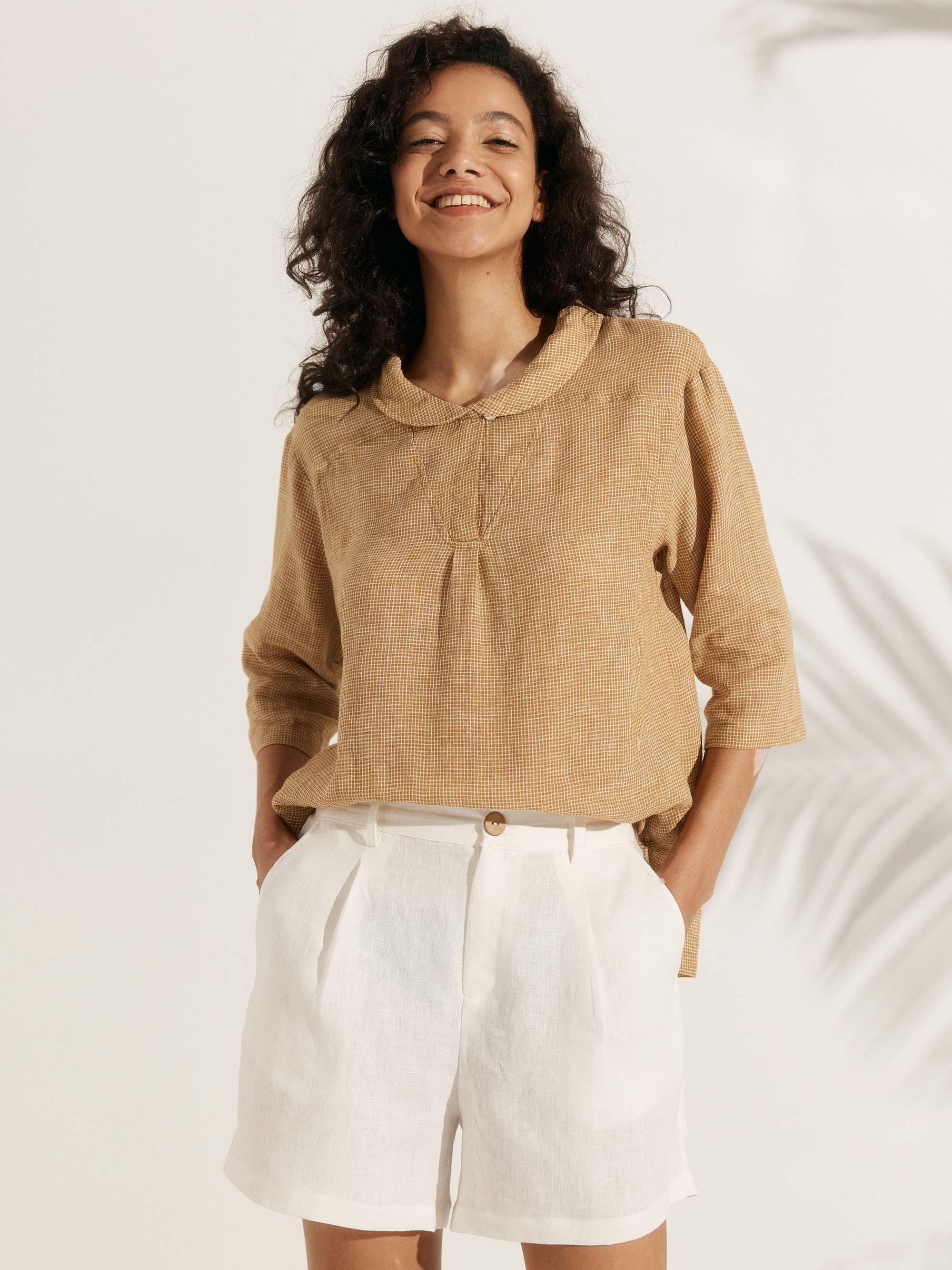 100% Linen Shawl V-Neck Half Sleeve Top JADE